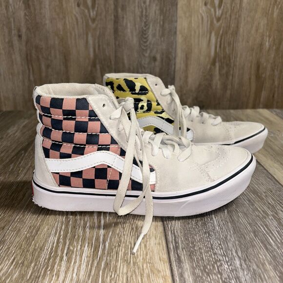 Vans Comfycush White Sk8-Hi Red Yellow Checker Leopard Print Womens 5.5 / Mens 4 - Picture 1 of 11